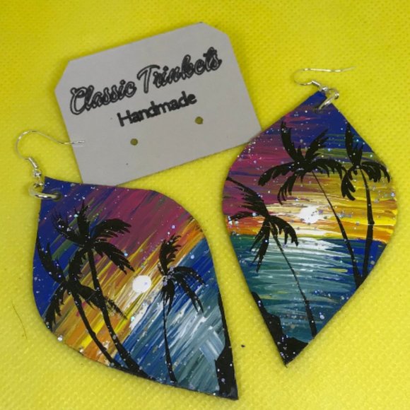 Seascape genuine leather hand painted earrings - Picture 1 of 3